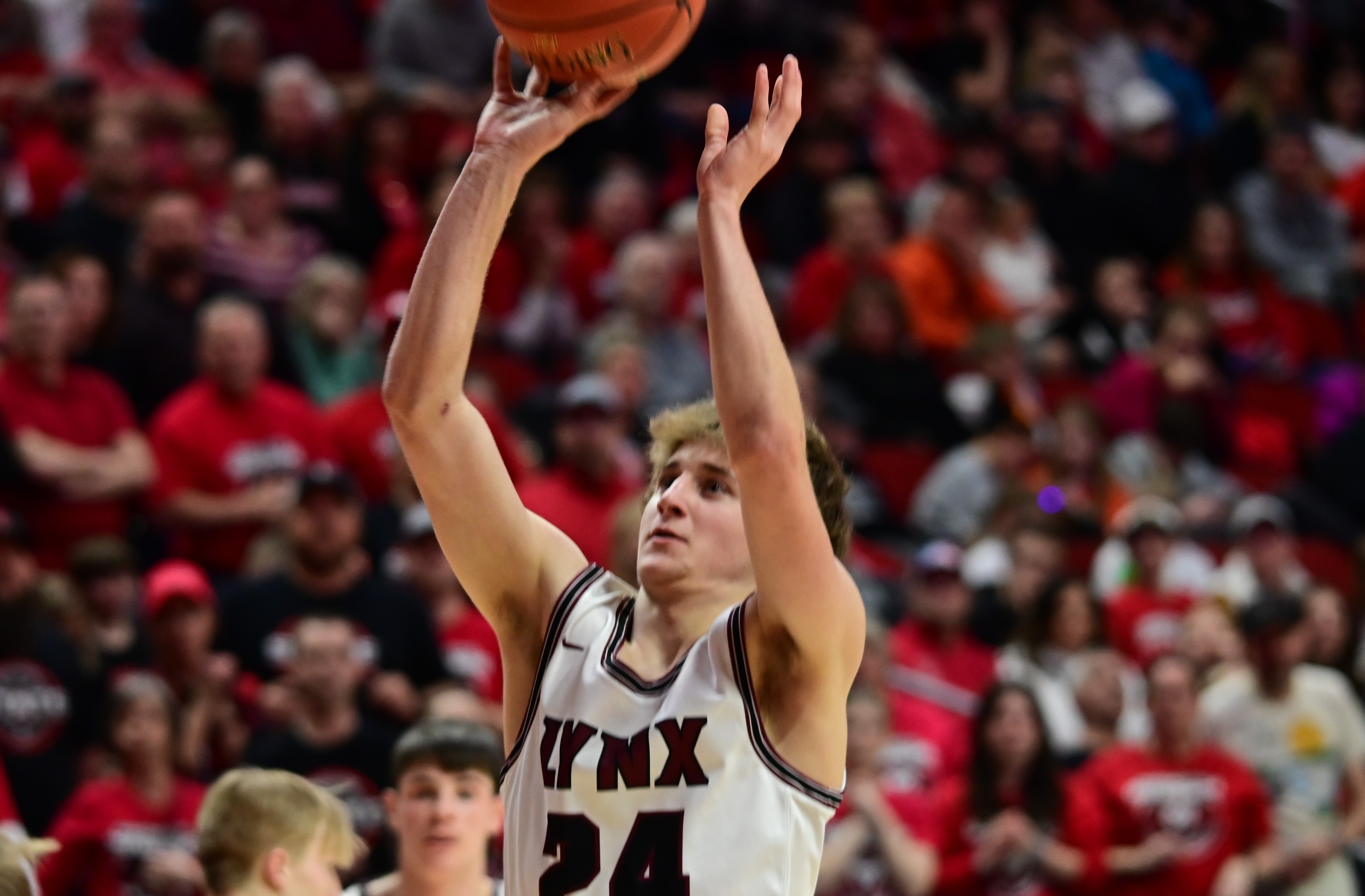 North Linn's Hayden Schmidt shoots a jump shot against Bellevue Marquette during the Class 1A state championship game at Wells Fargo Arena in Des Moines on Friday. (Photo by Ryan Timmerman)